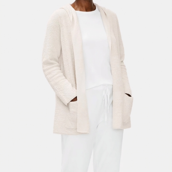NWT Eileen Fisher Organic Cotton Linen Slub Hooded Cardigan Straight Fit in Bone - Picture 4 of 8